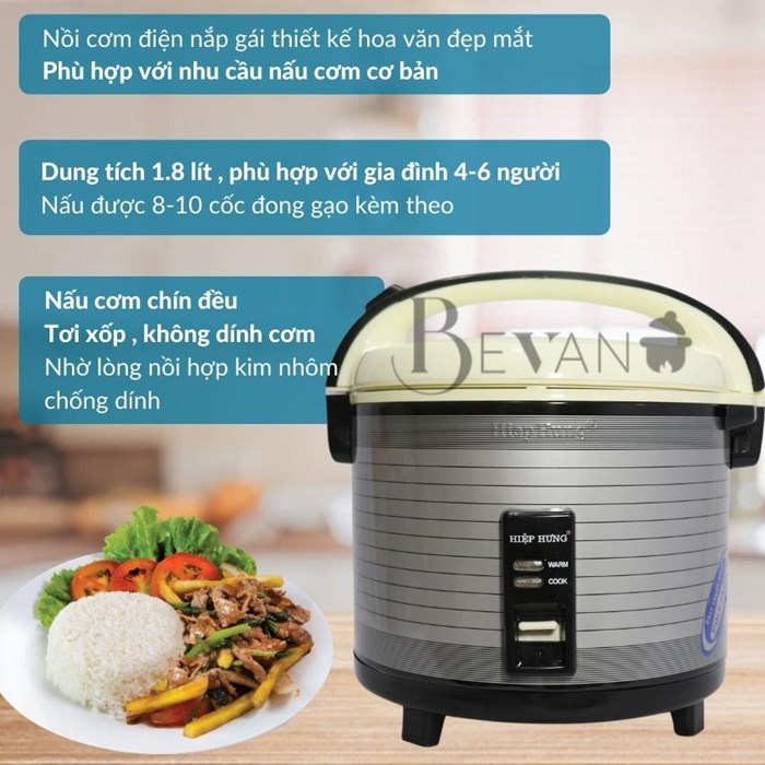 Nồi cơm điện Hiệp Hưng HH457 giữ ấm 12 giờ Bevano, Nồi cơm cơ 1,8L không dính đa năng tiết kiệm năng lượng, thích hợp cho 4-6 người