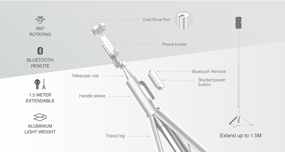 Gậy Chụp Ảnh Mazer Foldafie Extend Dựng Đứng 1.5m Có Kèm Remote Bluetooth Điều Khiển Chụp Từ Xa Hàng Chính Hãng