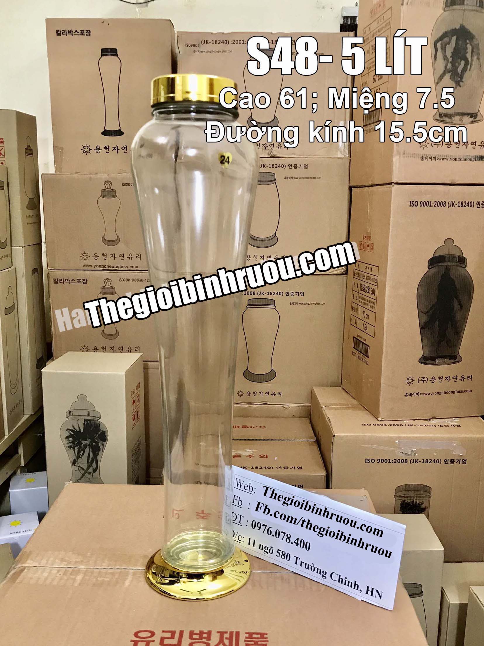 Bình Thủy Tinh Ngâm Rượu Hàn Quốc 5L - Bình Thon Dài