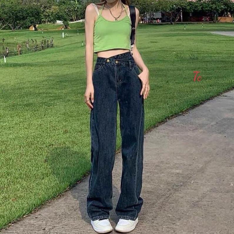 Quần Jeans Bò Ống Rộng Nữ Cạp Chéo Chất Bò Mềm