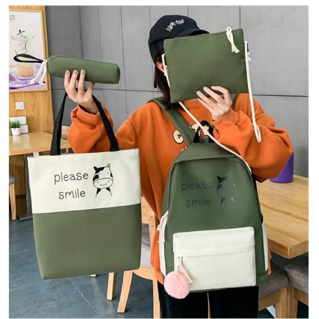 Cặp đi học cấp 2, BALO 4 MÓN NỮ, balo sét 4 món thời BÒ SỮA - vải bố thời trang - Set 4 món BÒ SỮA, BALO 4 MÓN GIÁ RẺ