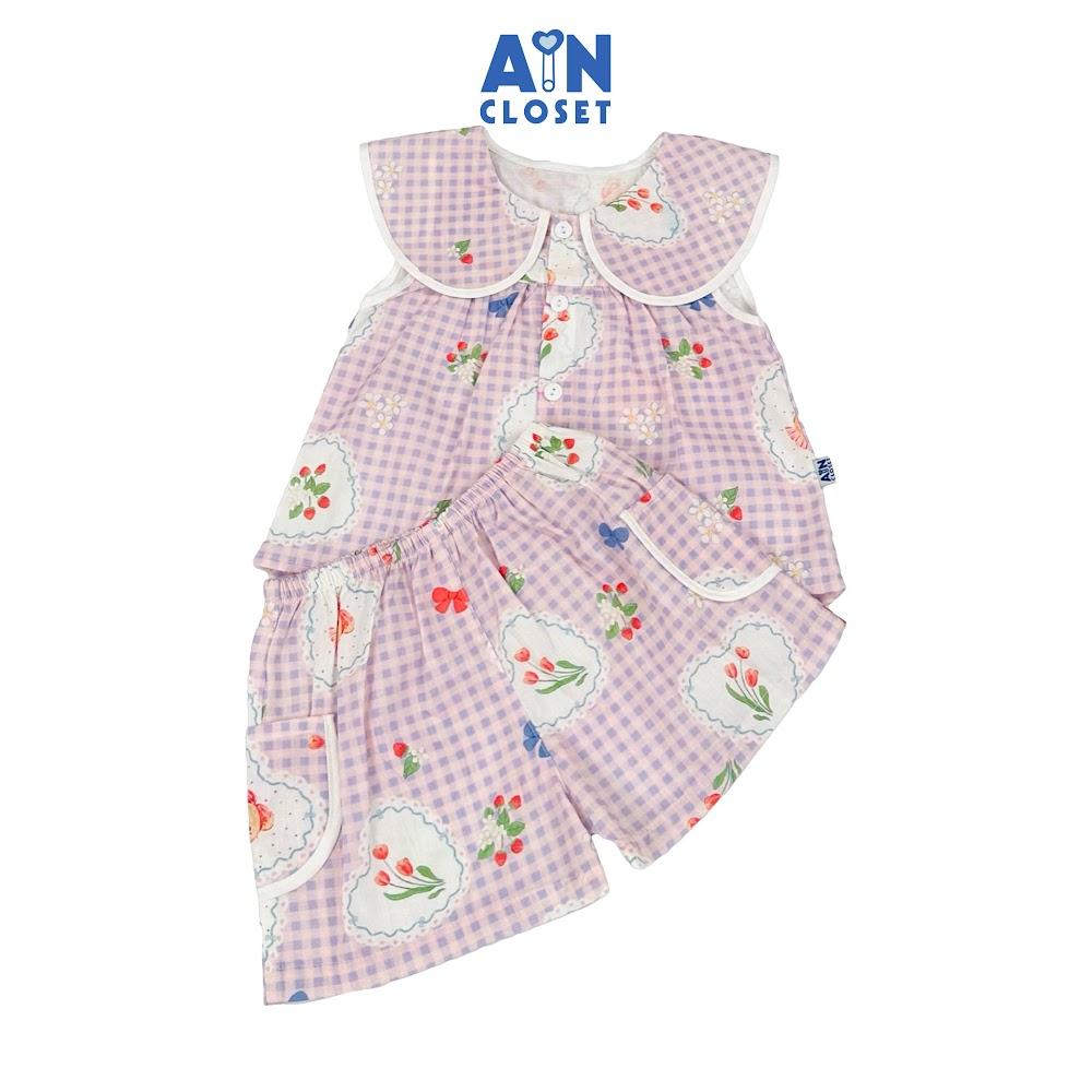 Bộ quần áo Ngắn bé gái họa tiết Caro Dâu Tím cotton - AICDBGYPAZBO - AIN Closet