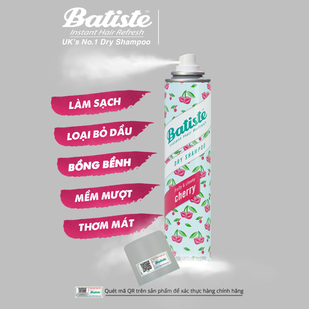 Dầu Gội Khô Hương Anh Đào - Batiste Dry Shampoo Fruity &amp; Cheeky Cherry 200ml