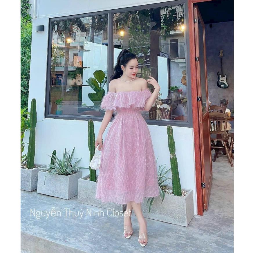 Đầm xoè lông vũ dự tiệc trễ vai bèo ngực cao cấp