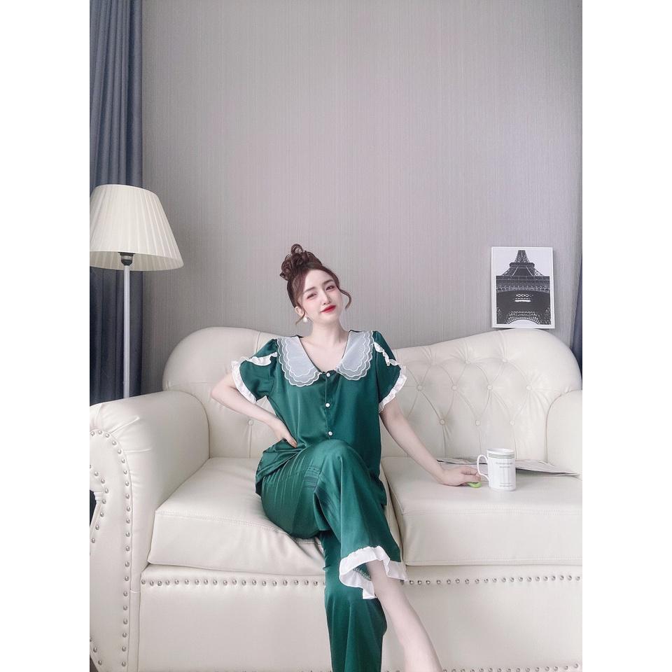Đồ bộ lụa satin cai cấp cổ 3 lá phối ren tay ngắn quần dài dễ thương đồ ngủ lụa satin có tay freesize