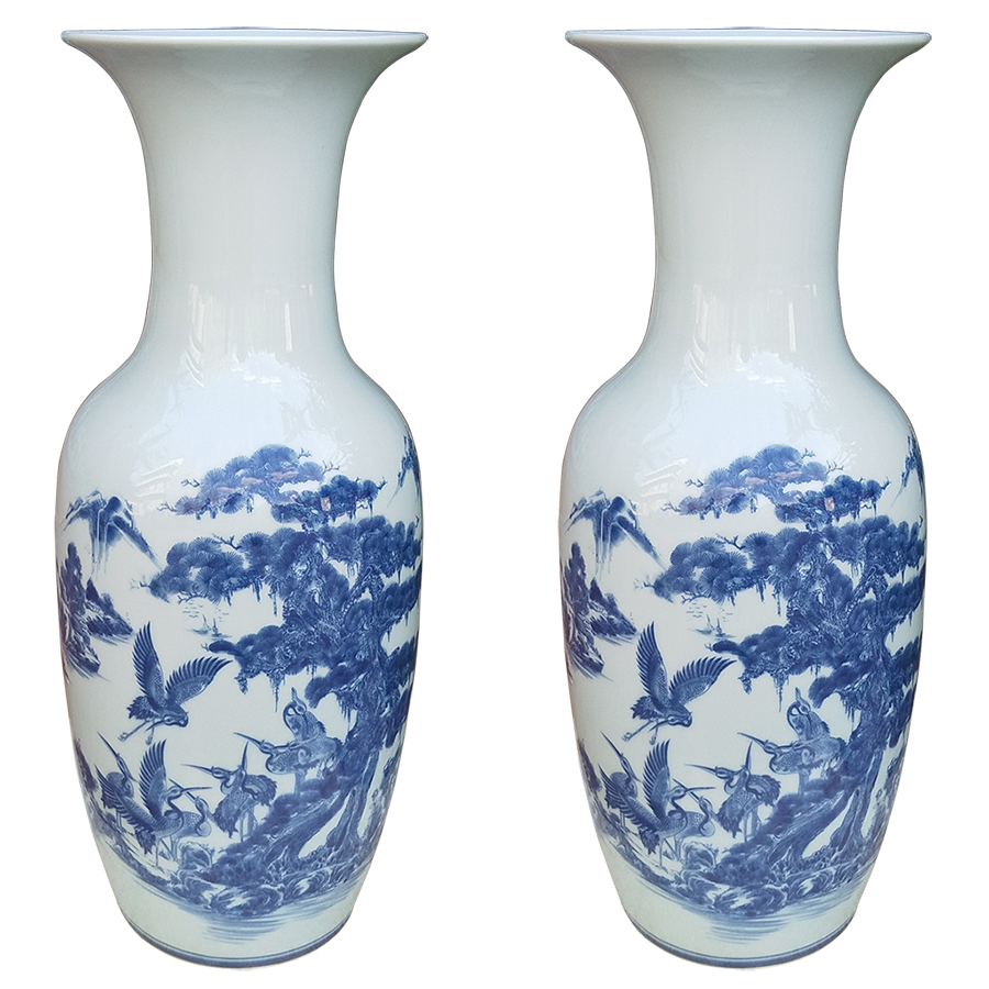 Đôi lọ hoa cảnh  tứ quý - Men rong cổ - Tùng-Hạc 55cm