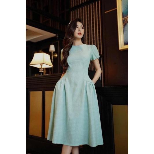 VÁY XỐP TAY BỒNG MÀU XANH CHO NỮ