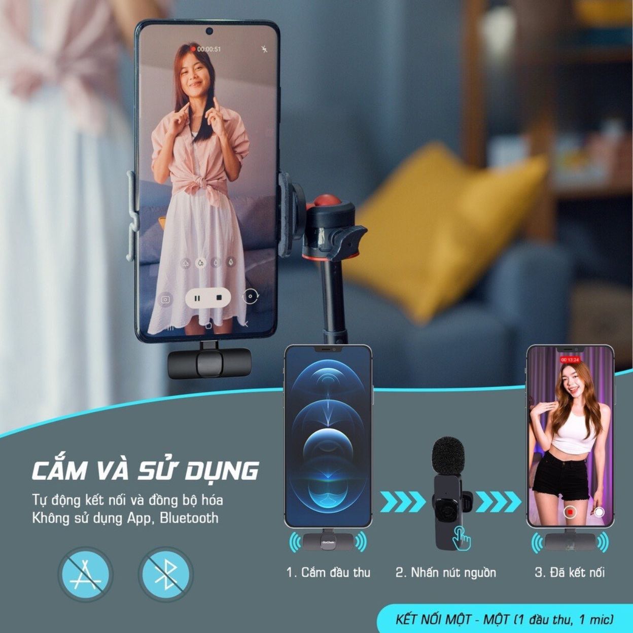 Micro Thu Âm Không Dây Cài Áo, Khử Tiếng Ồn Cao Cấp - Khoảng Cách 20m Dành Cho iPhone / Samsung / Android