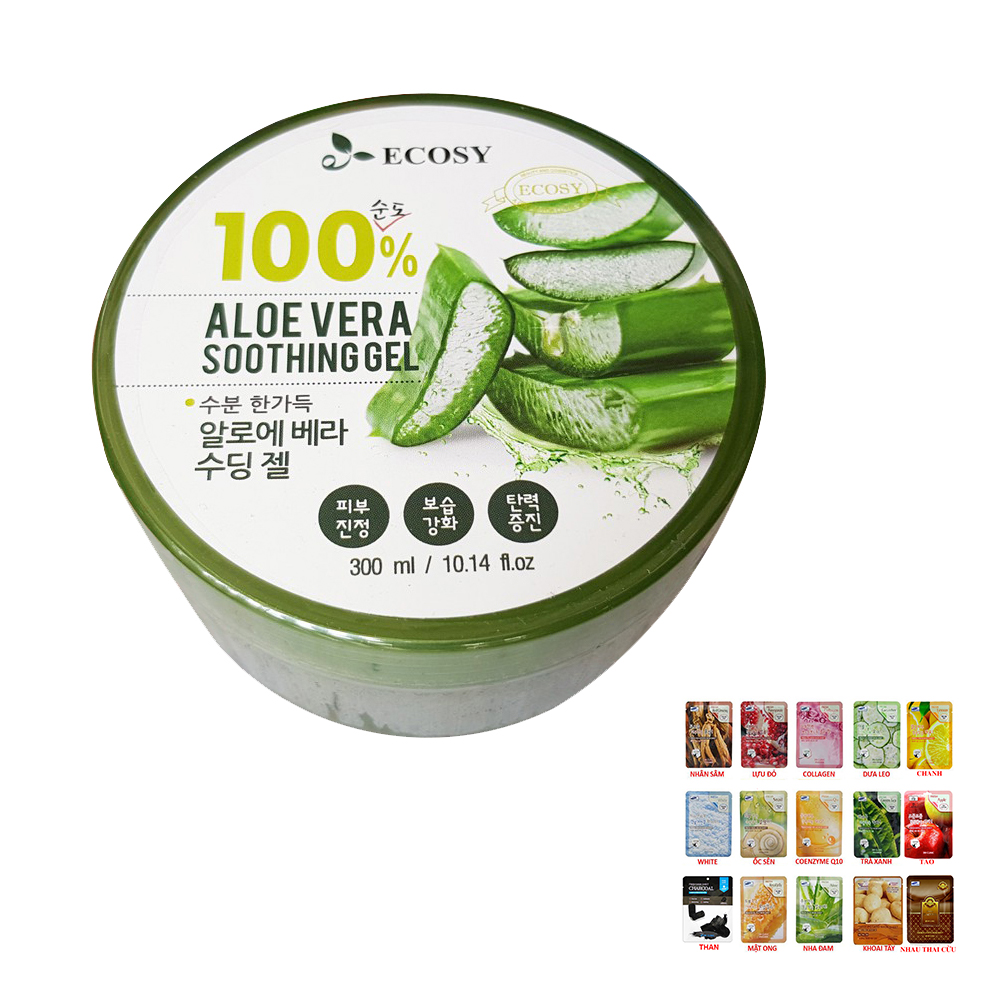 Gel ECOSY 100% Aloe Vera Lô Hội Dưỡng Ẩm Cho Da 300ml + Tặng Mask 3W Bất Kỳ