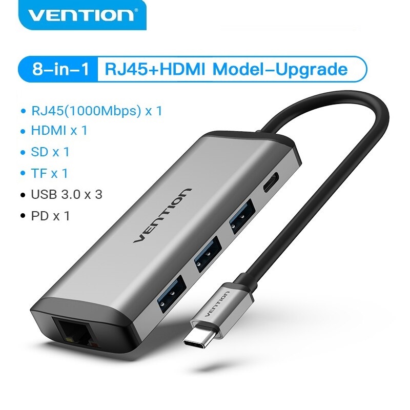 HUB USB Type-C Vention 8 in 1 - HDMI + LAN ( 1000Mbps ) + USB 3.0*3 + SD + TF + PD - Hàng chính hãng