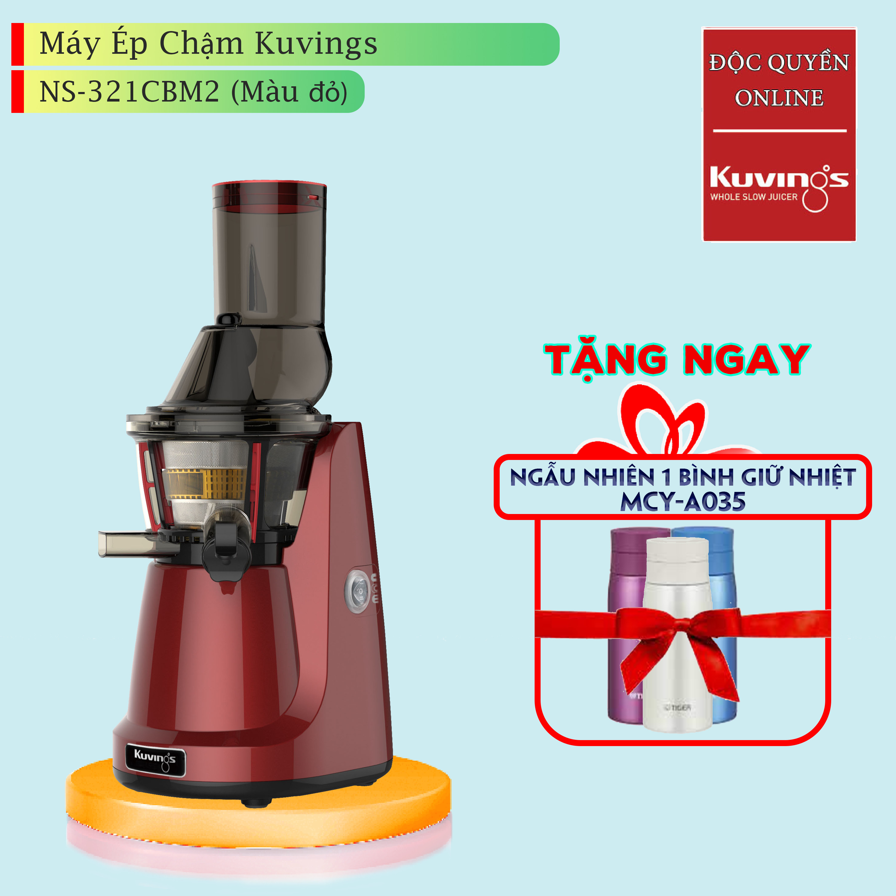 Máy Ép Chậm Kuvings NS-321CBM2 (Màu đỏ) - Tặng Kèm Bình giữ nhiệt Tiger MCY-A035 (Giao màu ngẫu nhiên) - Hàng Chính Hãng