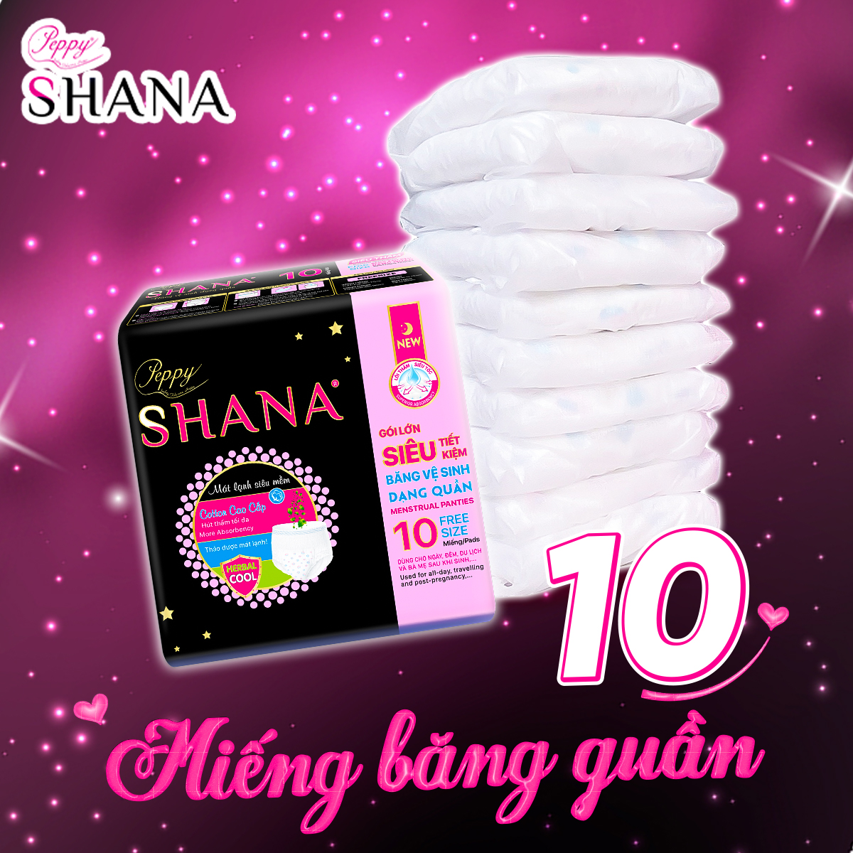 Băng vệ sinh Quần Peppy Shana ngày đêm, mềm mại, thấm hút tối đa, chống tràn GÓI LỚN SIÊU TIẾT KIỆM 10 quần/gói