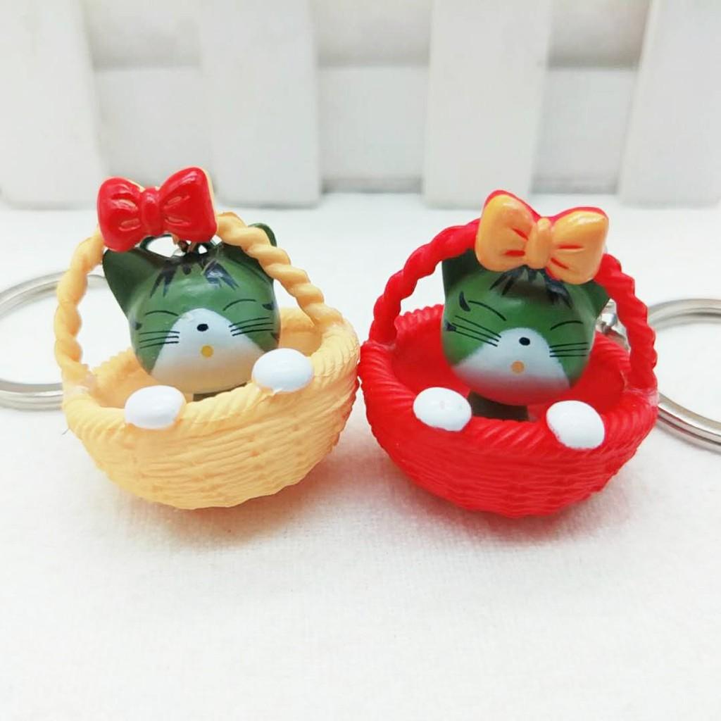 Móc khóa giỏ mèo-Móc khóa mèo ngồi Giỏ mây-Móc khóa mèo con trong giỏ