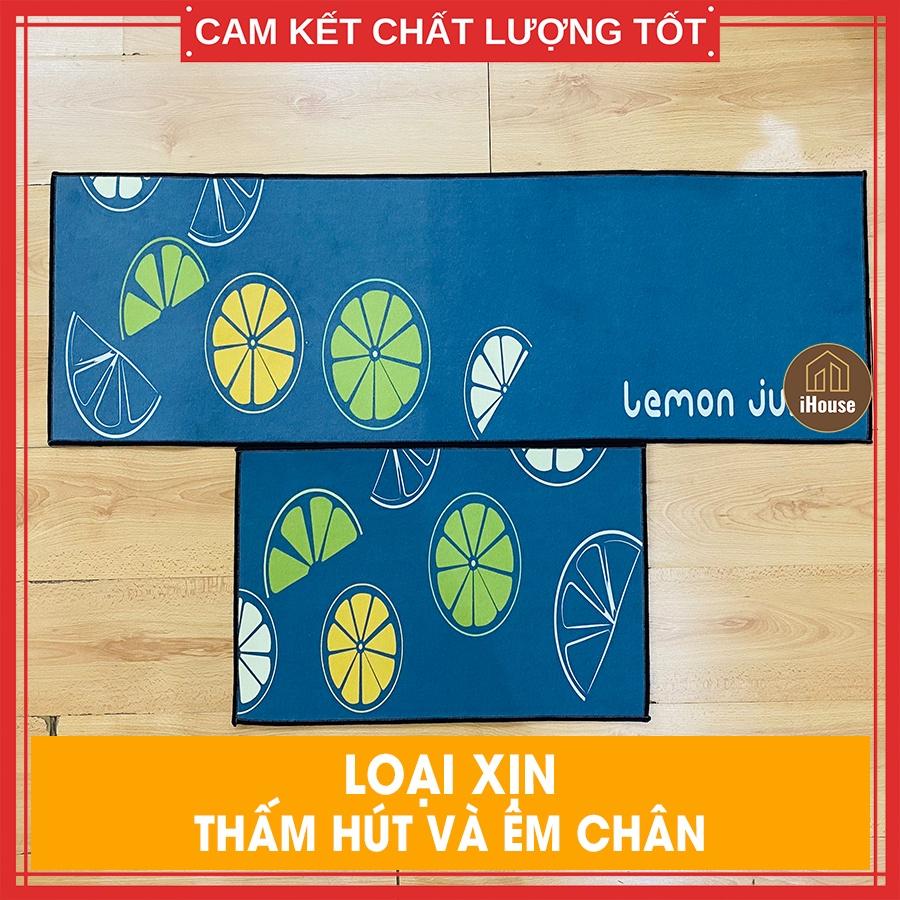 Bộ thảm lau chân nhà bếp màu họa tiết qủa chanh Lemon Juice, thảm nhà bếp dài trang trí bền đẹp (gồm 2 miếng)