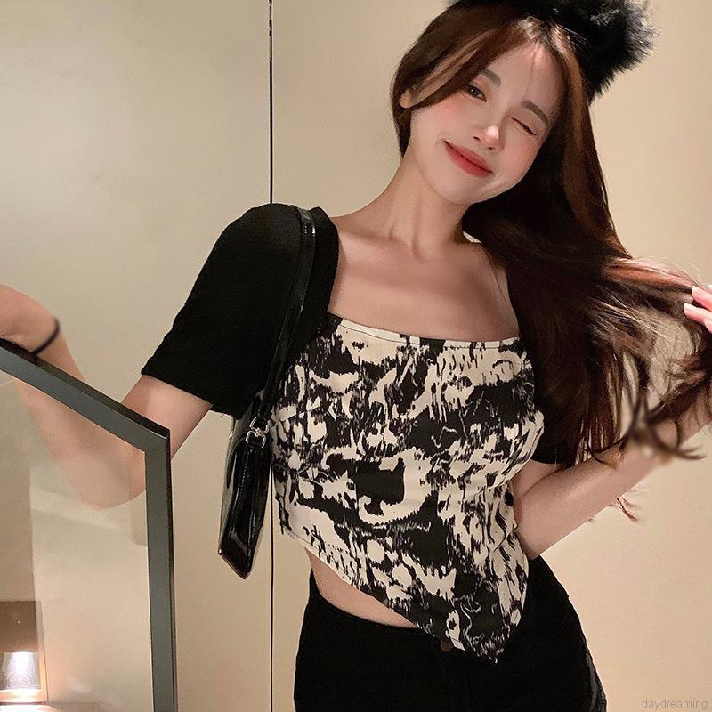 Áo Thun Tay Ngắn Cổ Vuông Thiết Kế Độc Đáo Cá Tính Cho Nữ