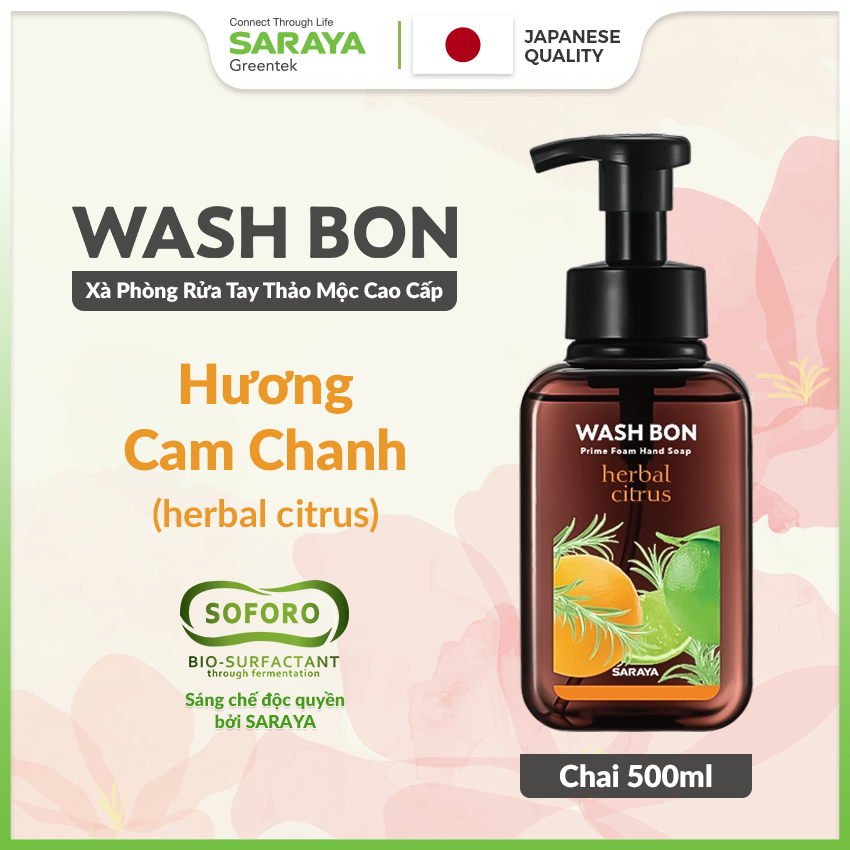 Xà Phòng Rửa Tay Thảo Mộc Tạo Bọt WASH BON Hương Cam Chanh, Làm Sạch Và Dịu Nhẹ Với Da Tay - 500ml