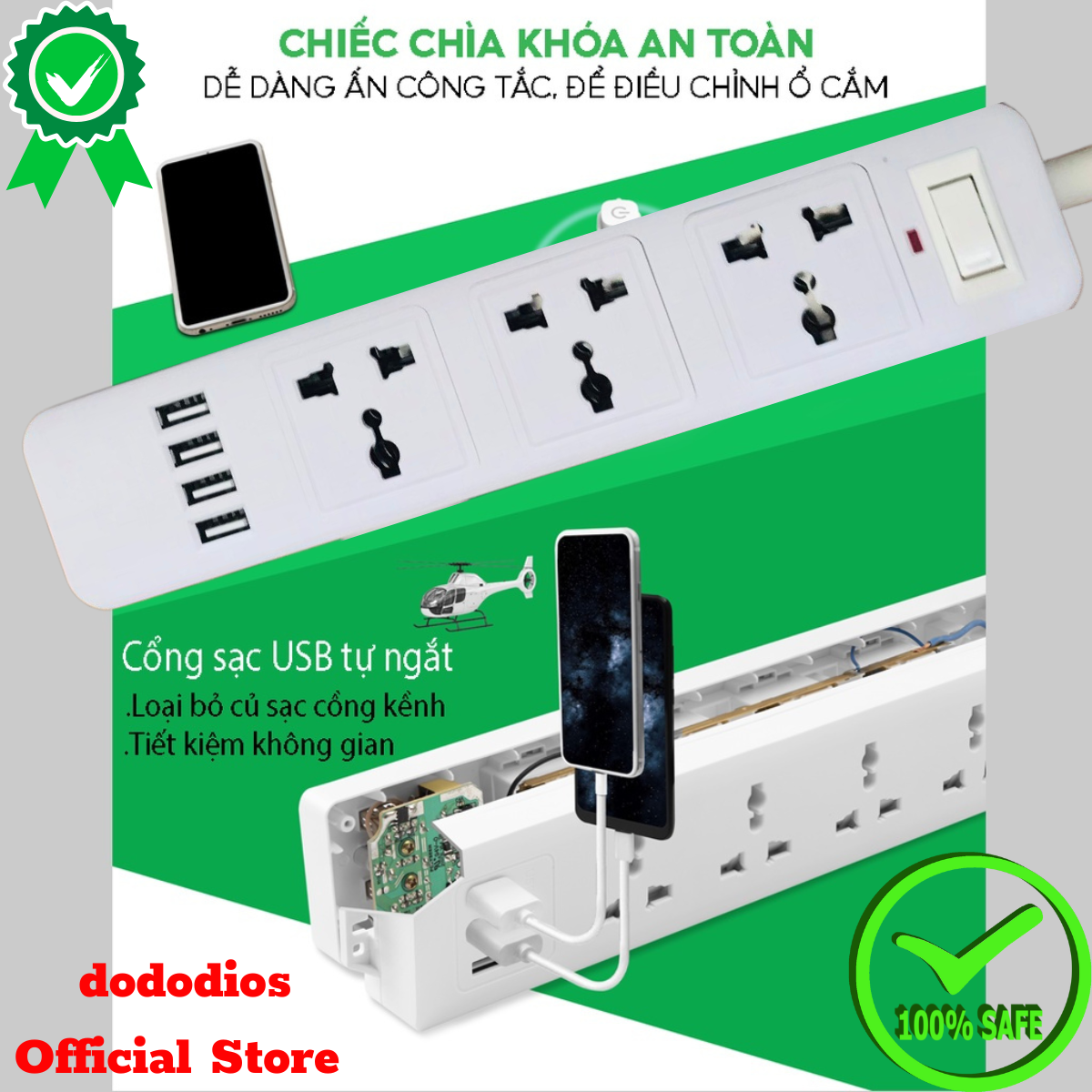 Ổ cắm điện đa năng thông minh dododios 2 cổng USB 5v sạc nhanh, chịu tải 2500W, tiết kiệm 30 kilowatt H dây nối 2m