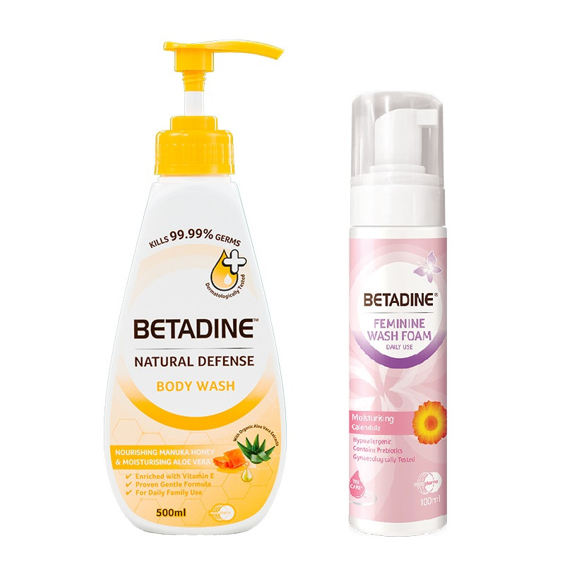 Combo sữa tắm kháng khuẩn Betadine hương mật ong Manuka chai 500ml + Bọt vệ sinh phụ nữ Betadine Moisturising - chai 100ml