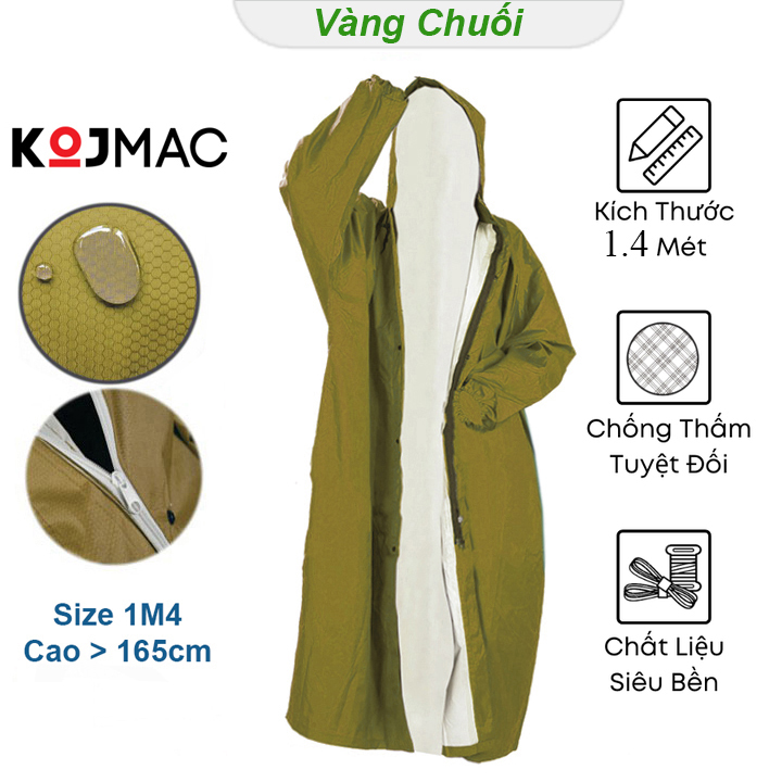 Bộ Áo Mưa Có Dây Khóa Kéo Vải Dù Da Cá Tổ Ong KOJMAC GDA218 Raincoat Fashion – Hàng Chính Hãng  Loại Chui Một Đầu 1 Người Lớn Bít Kín Không Xẻ Tà, Thời Trang Mang To Cho Nam Nữ, Chống Nước Đi Mưa Tản Bộ Xe Máy  – Màu vàng – 1M4 Cao >165cm