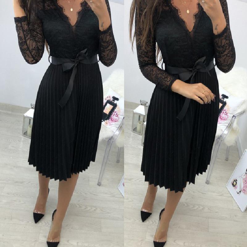 Women Autumn Sexy Dress Lace Deep V-neck Long Sleeve Self-tie Bandage Ruffle Hem Party Slim Bodycon Dress Black