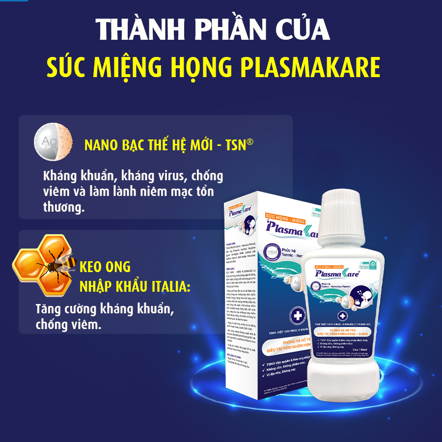 Nước súc miệng nano bạc Plasmakare diệt khuẩn 99%, cho hơi thở thơm mát, an toàn cho bà bầu và trẻ em