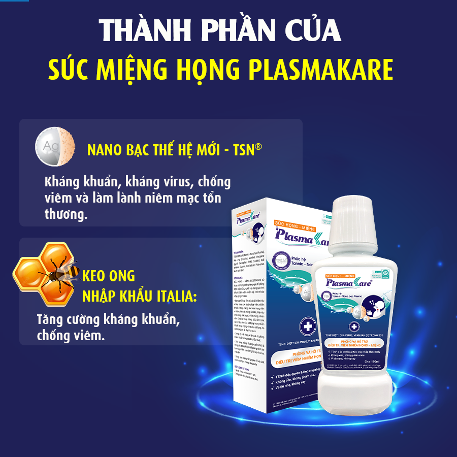 Súc Họng Miệng Nano Bạc PlasmaKare - Giảm Ho Sạch Đờm - Cho Hơi Thở Thơm Mát Chai 150m
