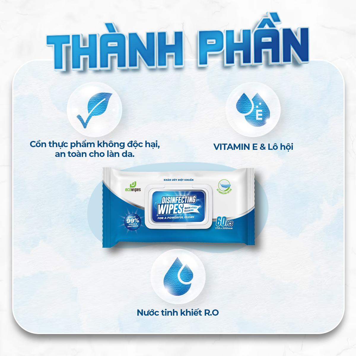 Khăn giấy ướt diệt khuẩn Ecowipes gói 60 tờ Disinfecting Wipes diệt 99,9% vi khuẩn hương chanh dịu nhẹ không kích ứng da