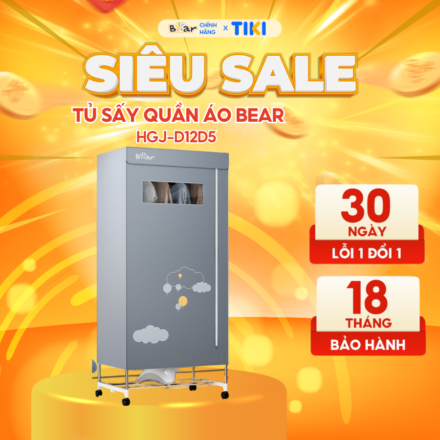 Tủ Sấy Quần Áo Bear Máy Sấy Quần Áo Tủ Sấy Nhanh Khô Diệt Trùng Khử Khuẩn  D12D5 - Hàng chính hãng