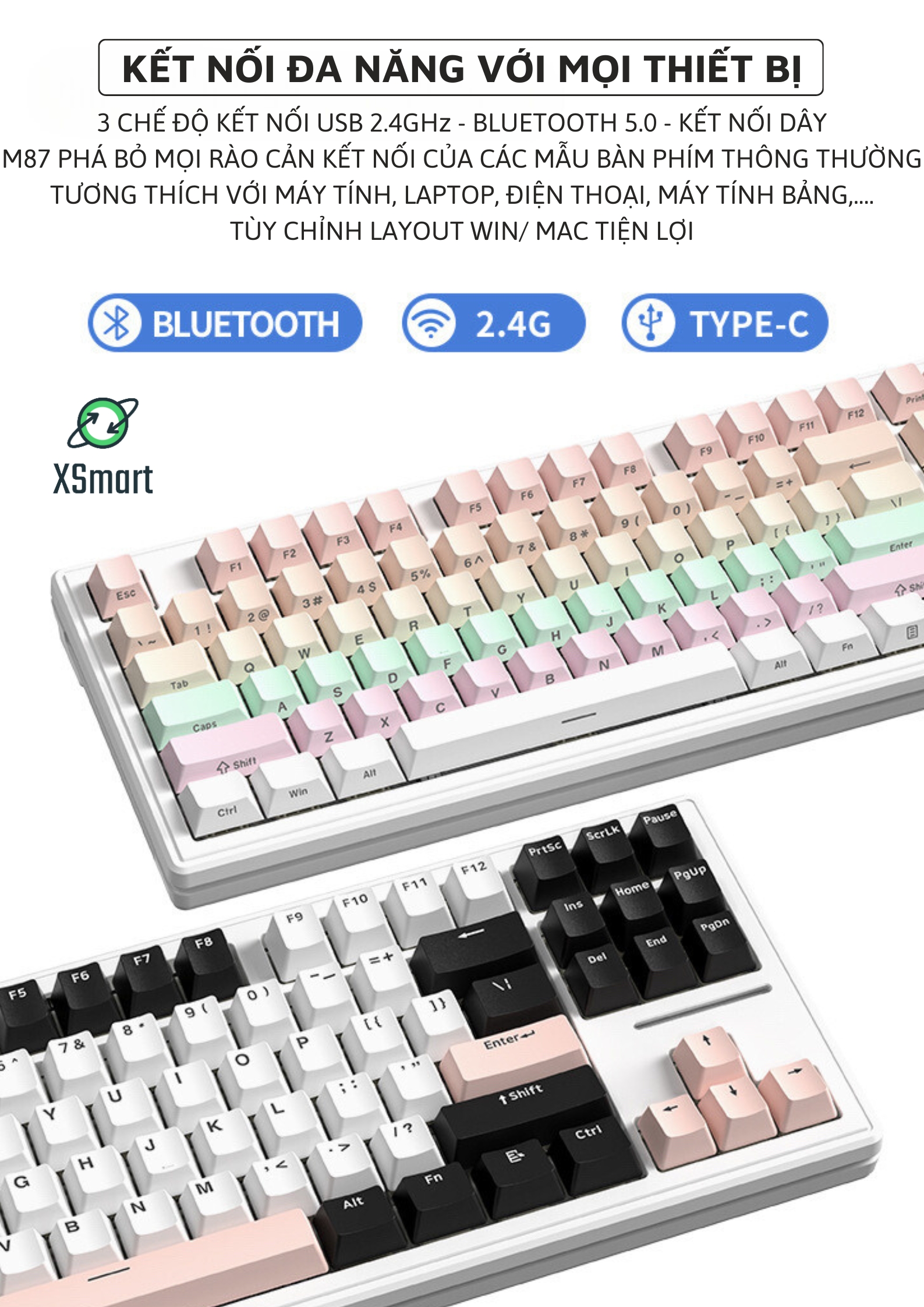 Bàn Phím Cơ Gaming Không Dây Bluetooth XM87 LED RGB Pro Keycap Xịn, White Switch, Hotswap, 3 Mode-Hàng Chính Hãng