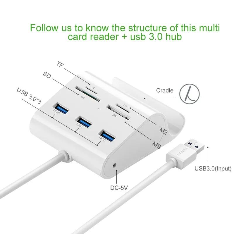 Ugreen UG30343US156TK 50CM màu Trắng Bộ chia HUB USB 3.0 sang 3 USB 3.0 + đọc thẻ TF SD MS M2 có khay đỡ hỗ trợ OTG - HÀNG CHÍNH HÃNG