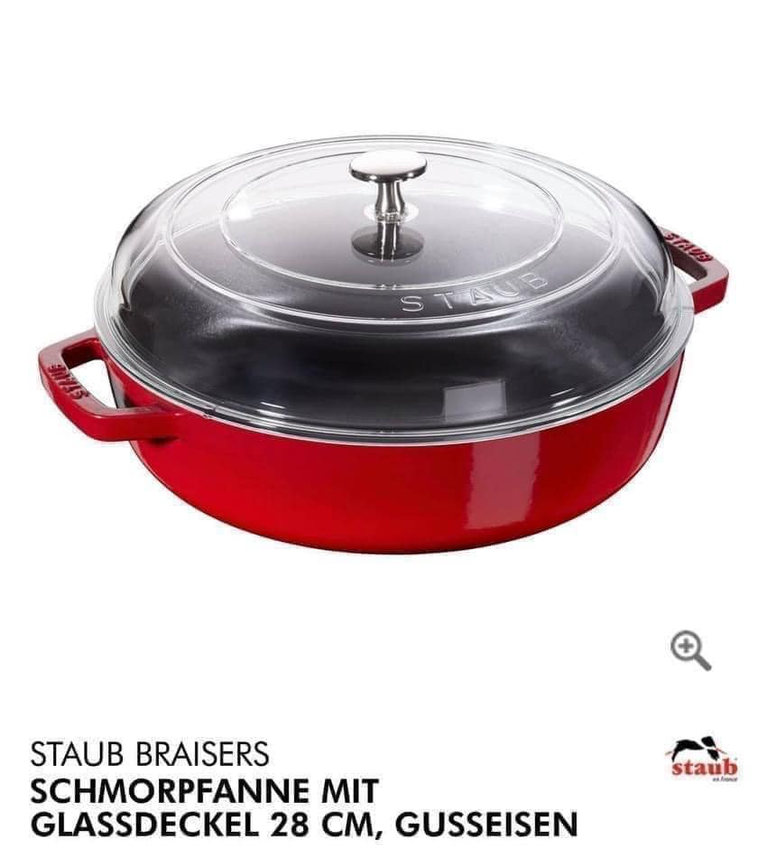 CHẢO GANG STAUB 24CM CÓ NẮP KÍNH MẦU ĐỎ hàng chính hãng