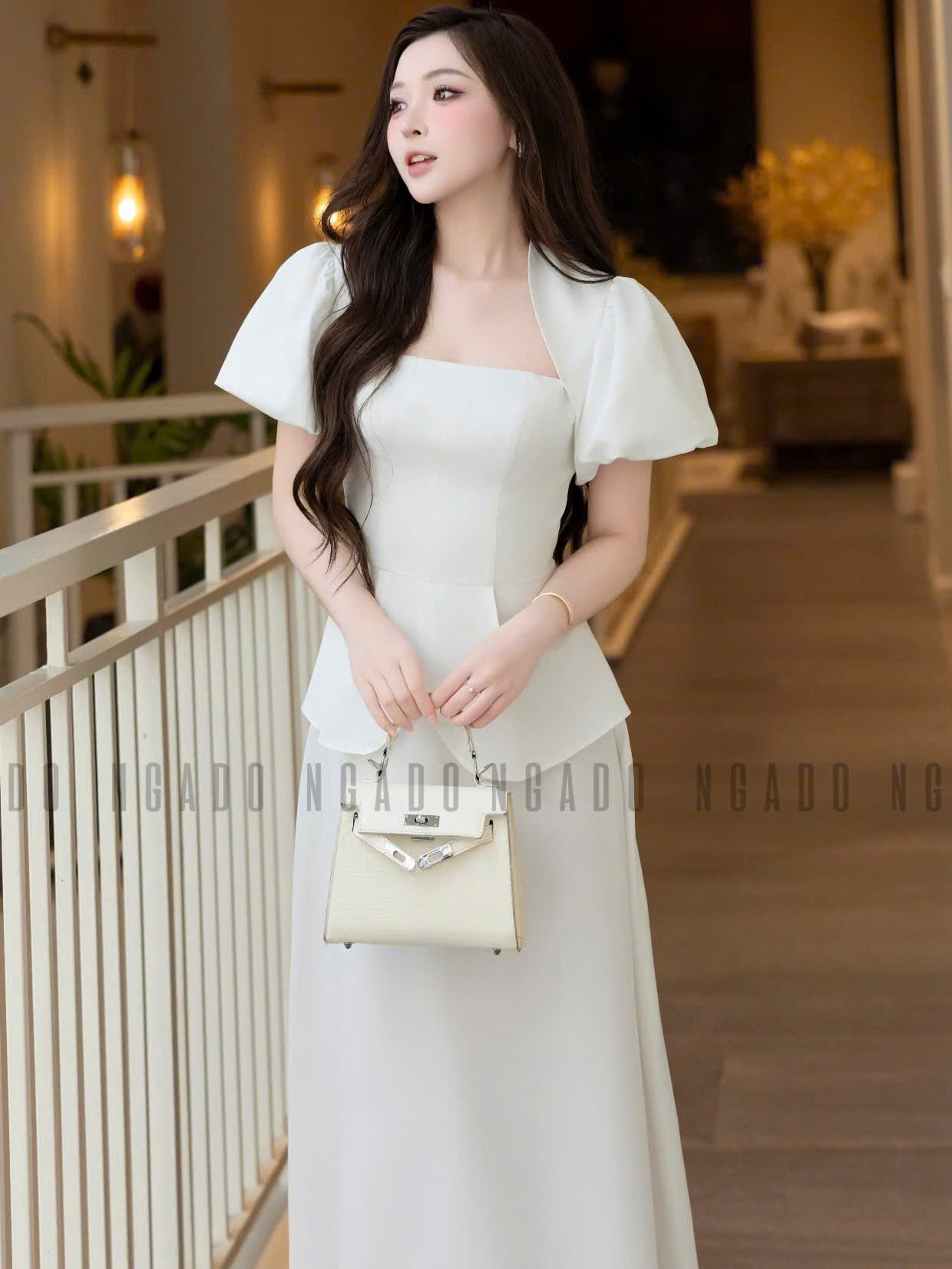 Set áo váy trắng tay phồng NGADO , set áo váy dài , set áo váy công sở , dự tiệc