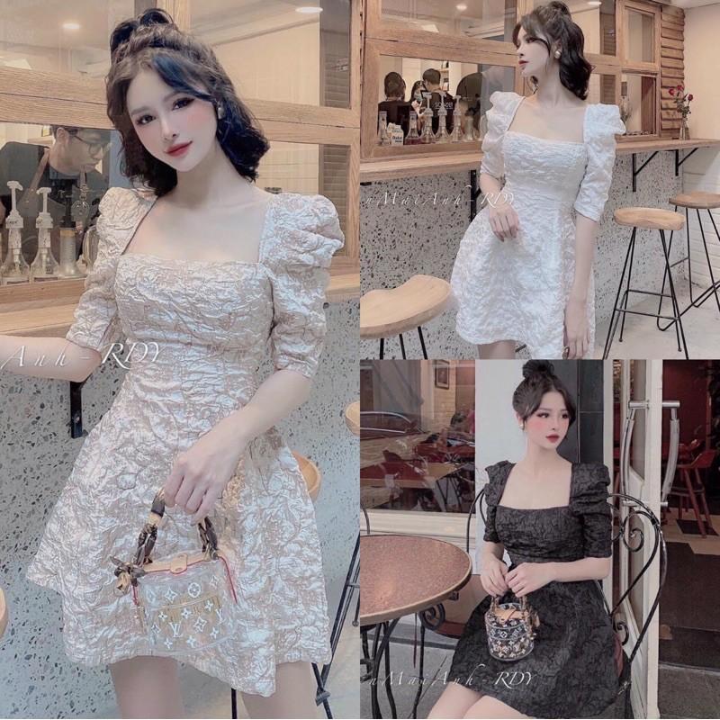 Đầm xoè cổ vuông tay phồng chất gấm xốp cao cấp