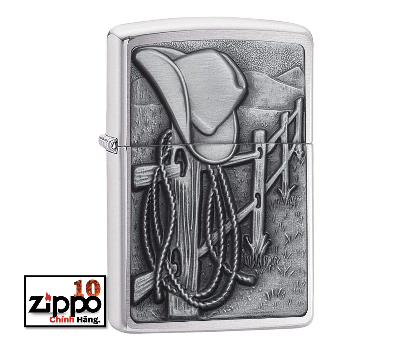Bật lửa Zippo 24879 Cowboy Hat and Rope Emblem Brushed Chrome - Chính hãng 100%