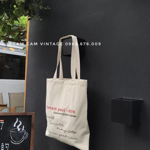 TÚI TOTE VẢI TÚI TOTE TRẮNG NGÀ VINTAGE IN CHỮ XANH