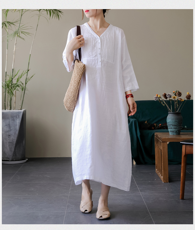 Đầm suông trung niên cao cấp dáng dài cổ V đóng cúc, Váy suông nữ tay lỡ chất liệu linen mềm mịn Đũi Việt