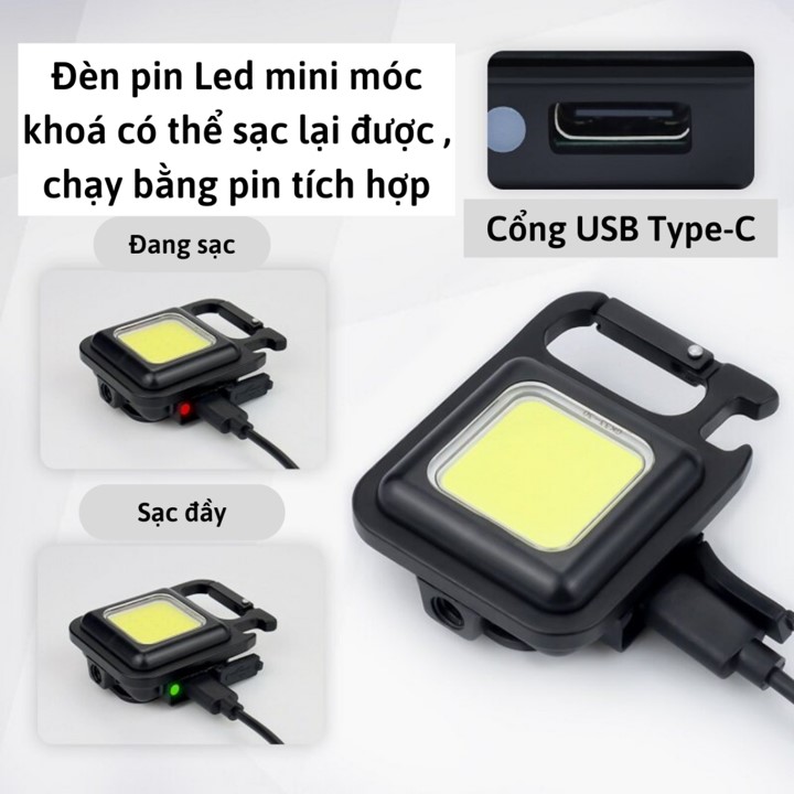 Đèn Led COB Mini Siêu Sáng 3 Chế Độ Kiêm Móc Khóa Dùng Pin Sạc