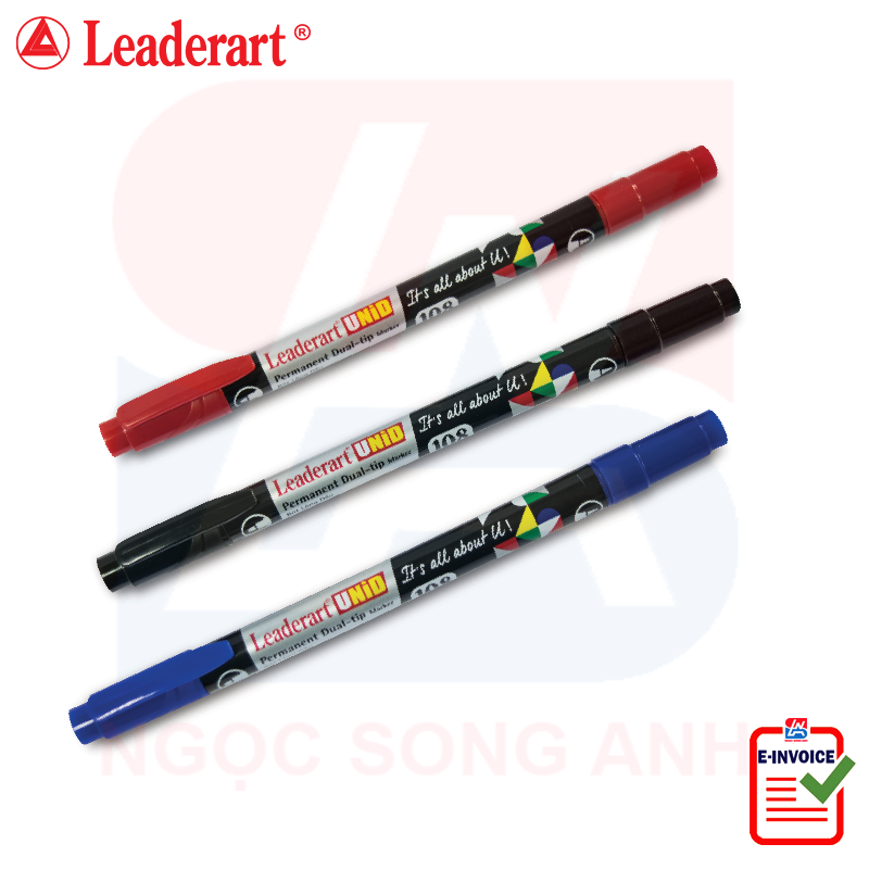 Bút dạ kính Leaderart hai đầu 108 - Hộp 10 chiếc - Ngòi kim loại 0.4mm, ngòi dạ 1mm