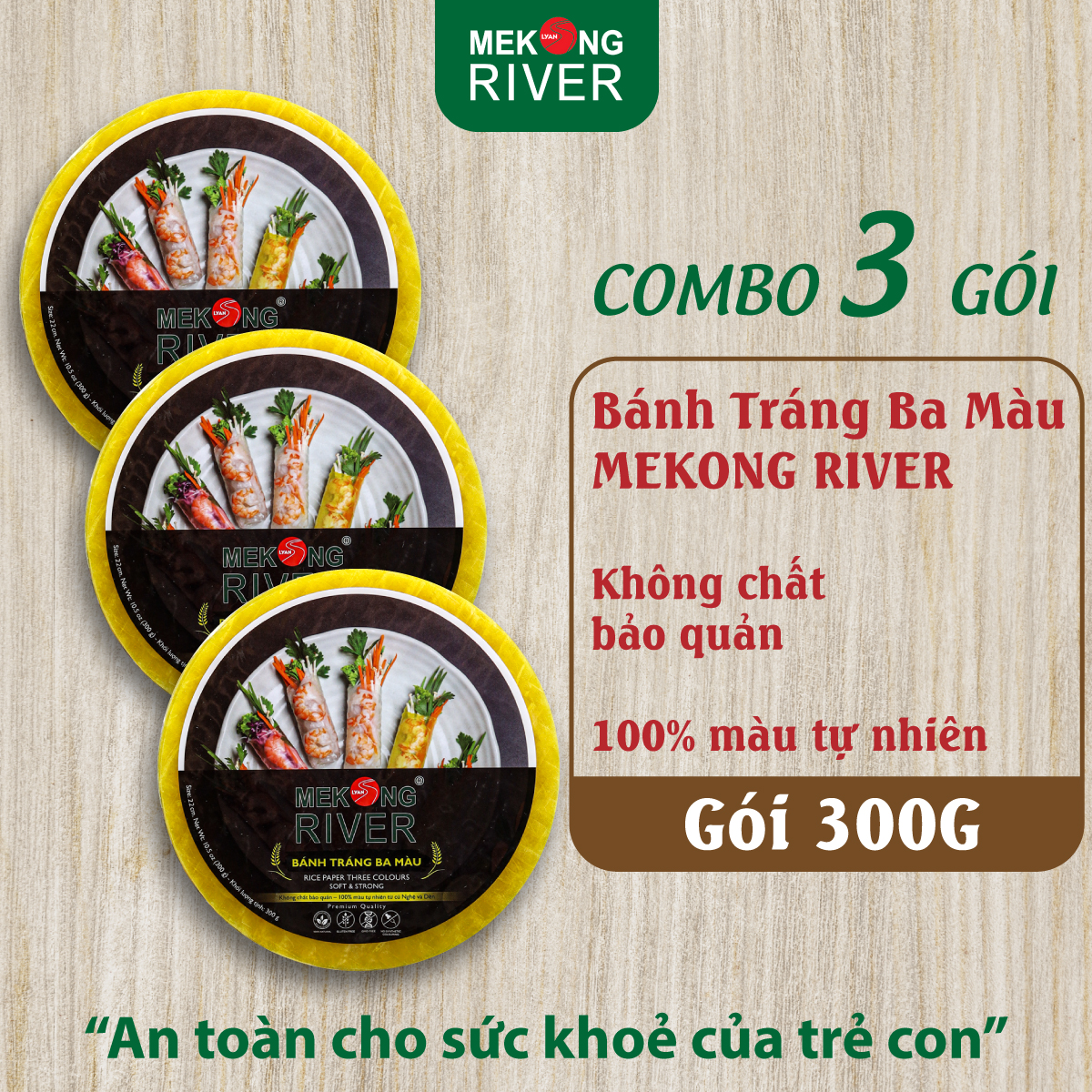 Combo 3 Túi Bánh Tráng Ba Màu MeKong River 22cm 300g