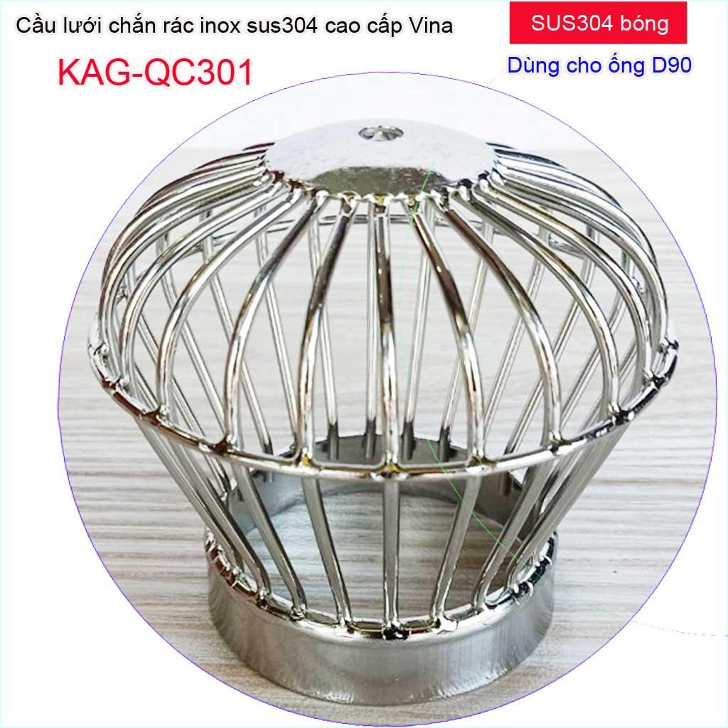 Cầu chắn rác sân thượng KAG-QC301 , Cầu chặn rác Inox 304 đế thấp thả ống D90, cầu lưới lọc rác thoát nước mưa