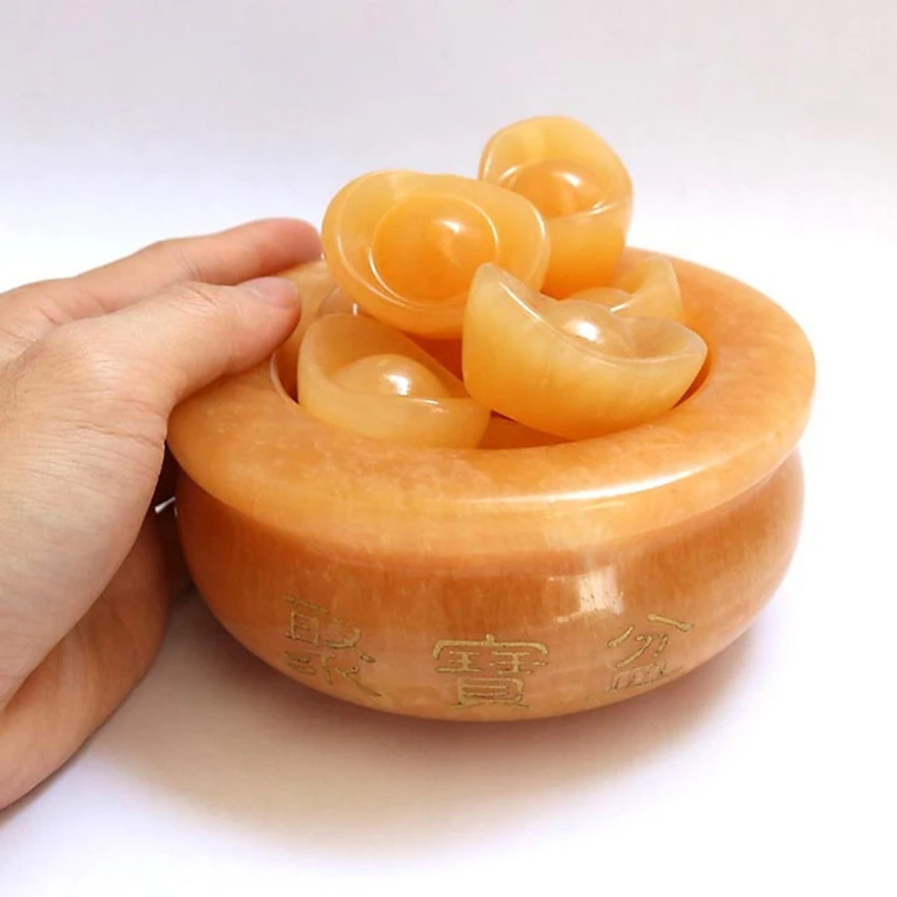 Bát vàng Bát Tụ Bảo Đá Ngọc Hoàng Long Chiêu Tài kích thước 10cm + 9 thỏi vàng
