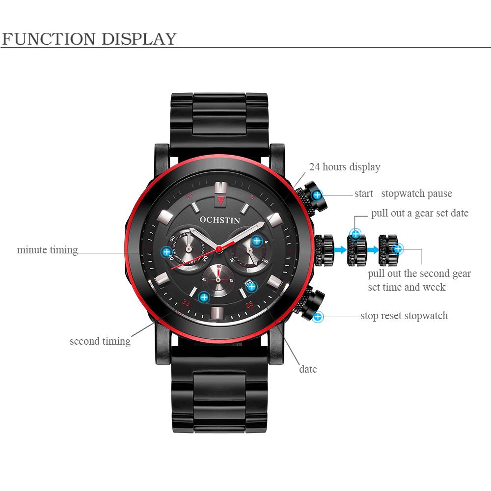 Đồng hộ nam thời trang OCHSTIN Thép không gỉ Chronograph Chống nước Phong cách thể thao + Hộp - Đỏ