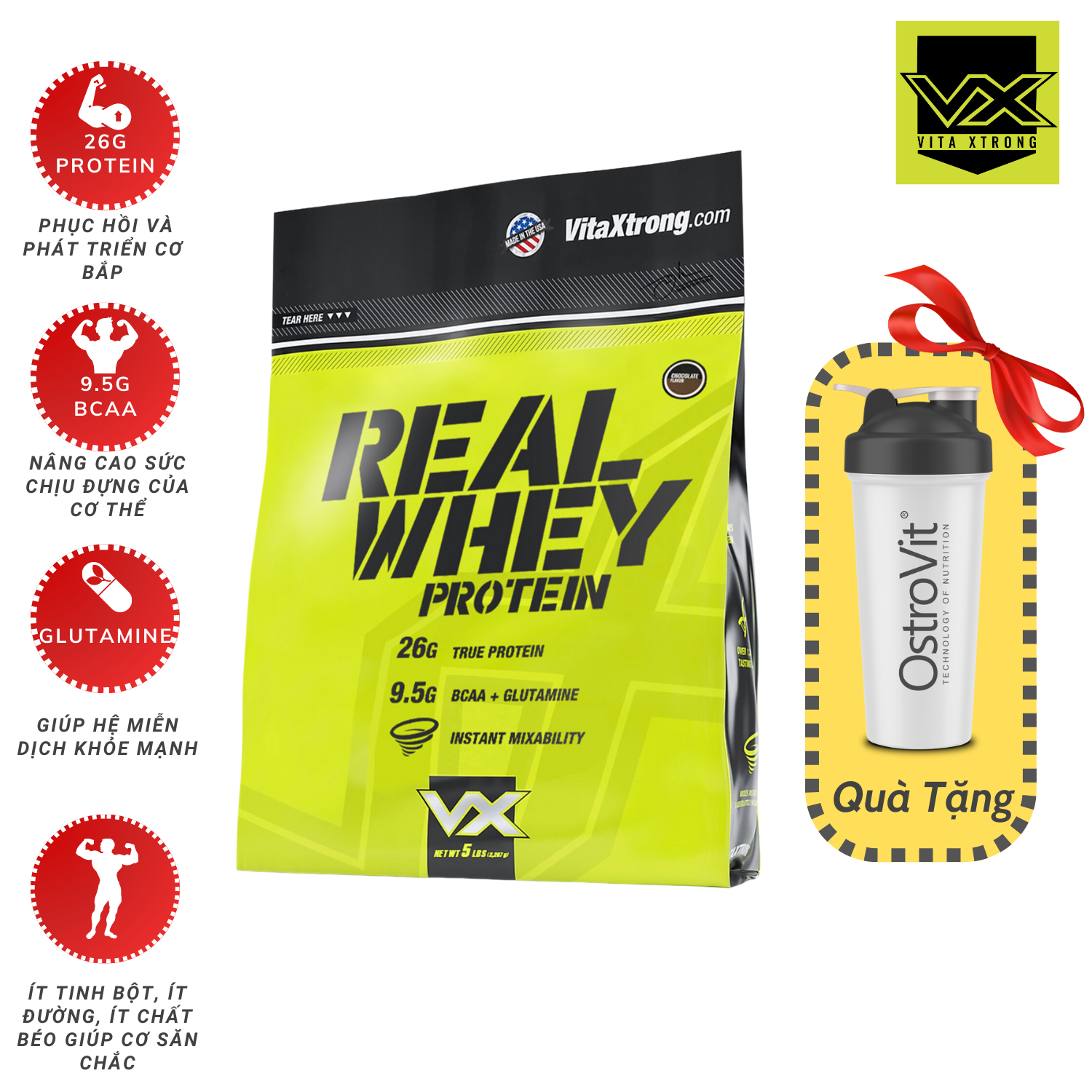 VitaXtrong - 100% Real Whey Protein (5LBS) - Sữa Hỗ Trợ Tăng Cơ Giảm Mỡ