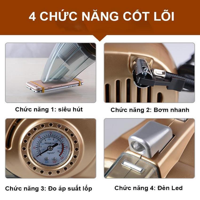 Máy Hút Bụi Cầm Tay Đa Năng, Thông Minh Tiện Lợi Gồm 4 Đầu Hút Đa Năng (4 Tính Năng Trong 1 Sản Phẩm) Siêu Hút Bụi - Bơm Nhanh - Đo Áp Suất Lốp - Đèn Led.