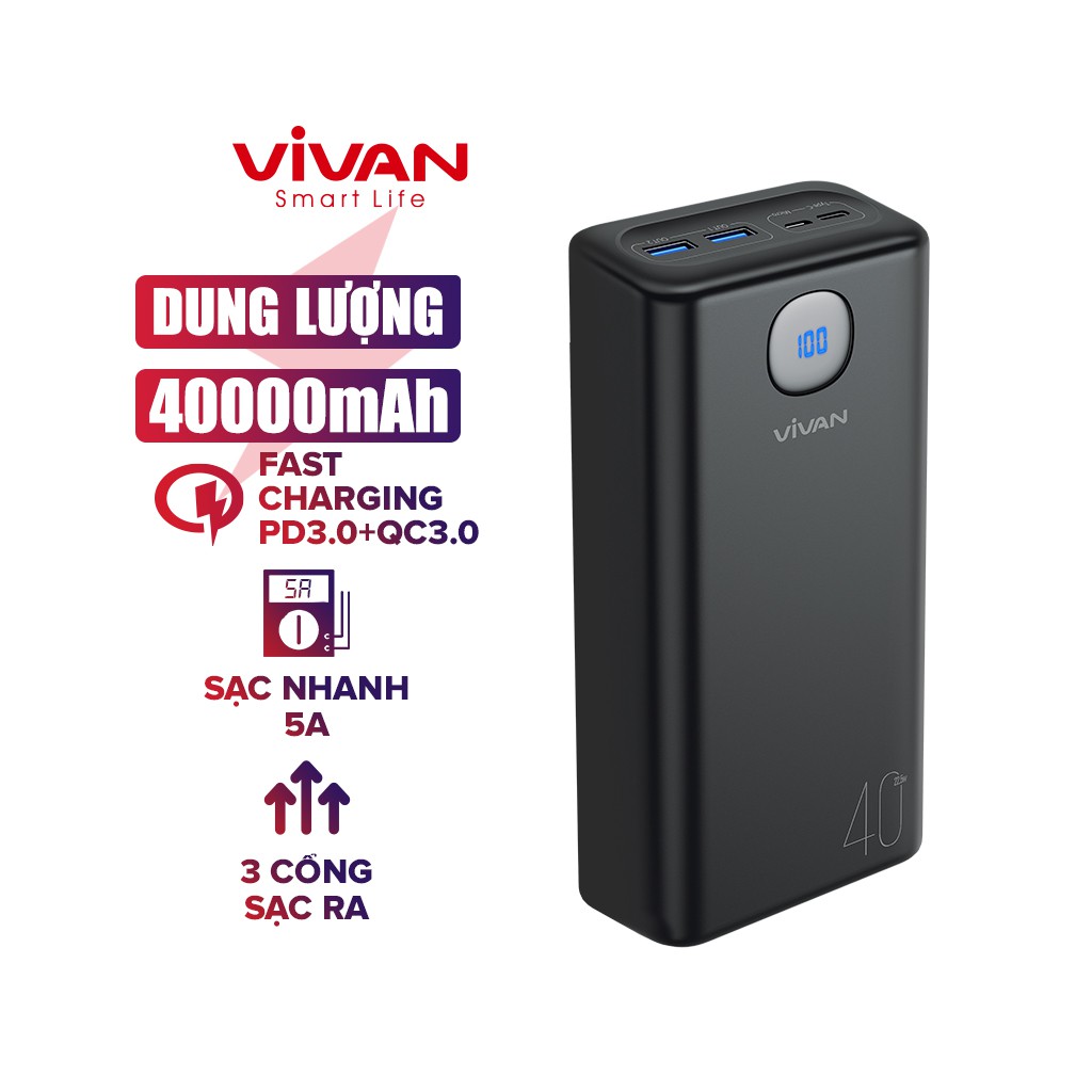 Pin Sạc Dự Phòng VIVAN 3 OutPut Dung Lượng 40.000mAh, Công Suất 22.5W Chuẩn PD/QC 3.0/VOOC - Hàng Chính Hãng