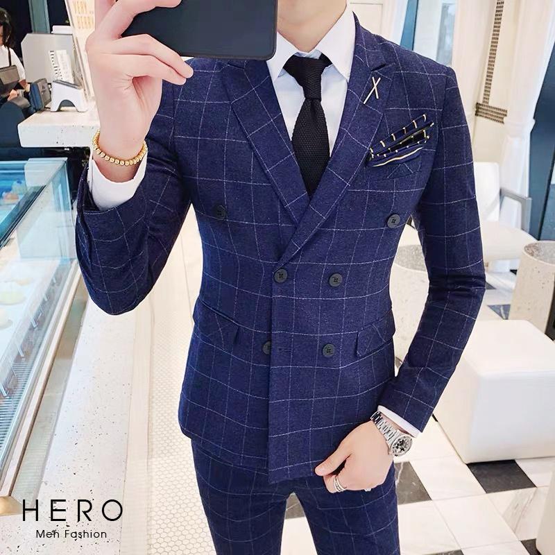 Bộ Vest Nam Cao Cấp 6 Cúc kẻ caro màu Xanh
