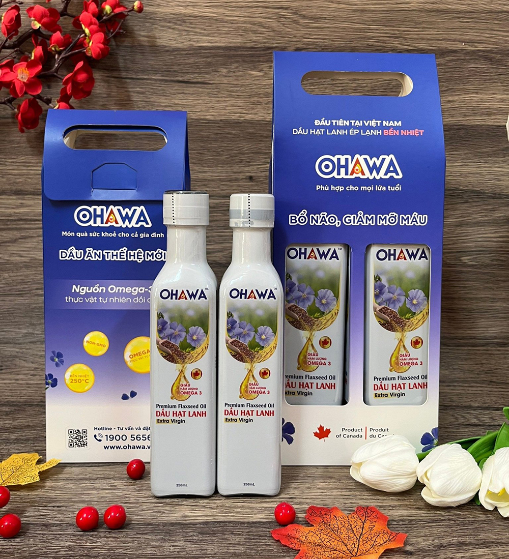 (Set 2 chai 250ml) - Dầu hạt lanh ép lạnh bền nhiệt OHAWA - Nhập khẩu Canada - Giàu Omega 3 - Hữu cơ - Lành mạnh - Phù hợp Eat Clean, Trộn salad - Cho bé ăn dặm 