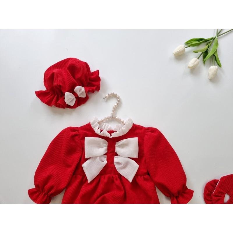 Body nỉ nhung dài tay cho bé gái kèm mũ và tất vải - body nơ thu đông màu đỏ mặc tết bé sơ sinh - set 3 chi tiết trẻ em