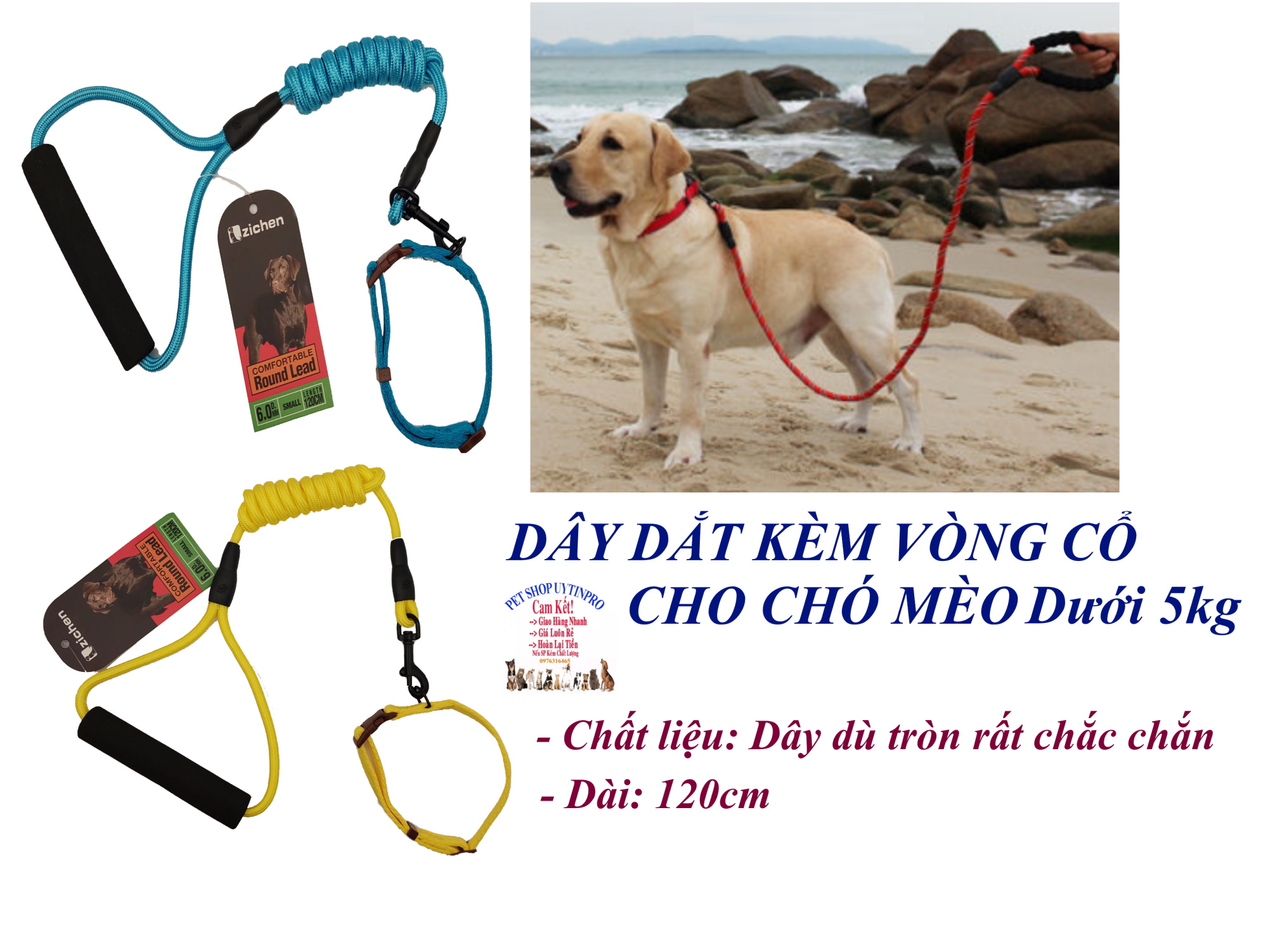 Dây dắt kèm vòng cổ cho Chó Mèo dưới 5kg Bản 1cm Chất liệu dây dù tròn, Hiệu Zichen bền đẹp, an toàn cho thú cưng