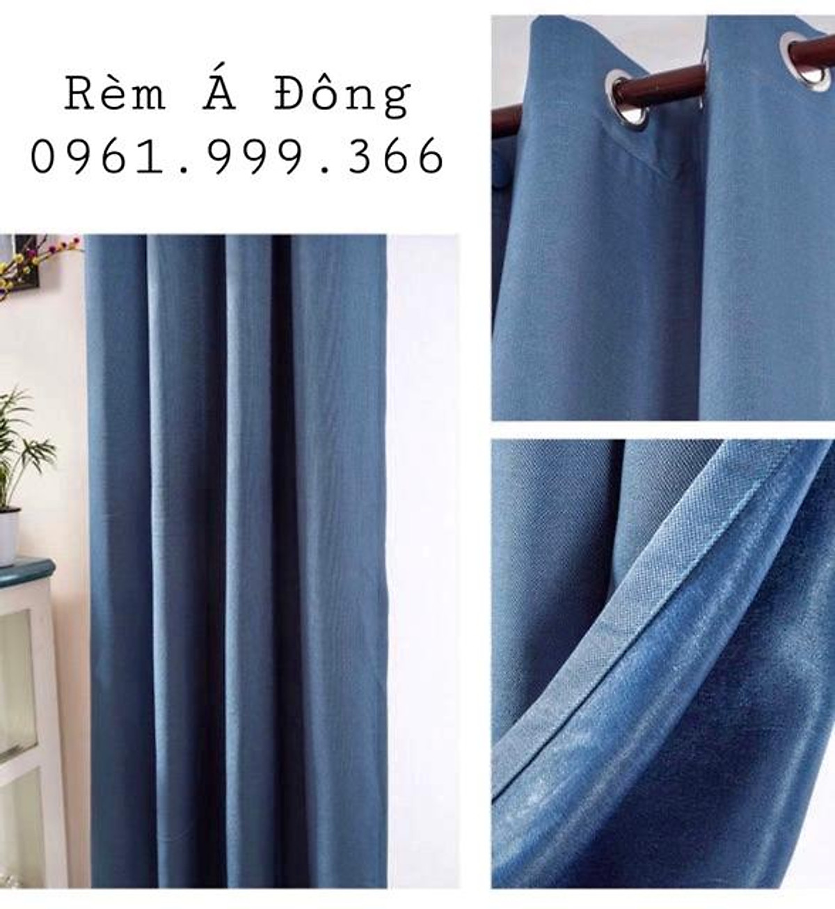 Rèm vải thô màu xanh dương - Cao cố định 2.2m